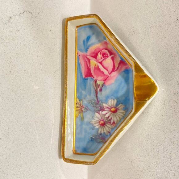 Vtg Limoges Made in France Small Ashtray/Trinket Rose Hand Painted Golden Detail - Picture 5 of 7